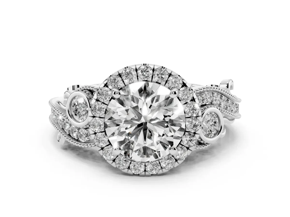 Round Cut Diamond Halo Ring with Milgrain Pavé Band and Four-Prong Setting Platinum