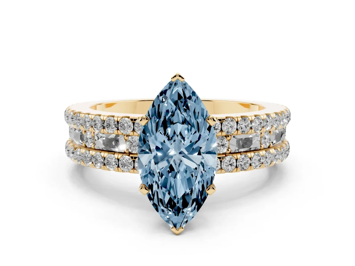 Fancy Blue Marquise Cut Diamond Solitaire Ring with Pavé and Channel Set Band Yellow gold