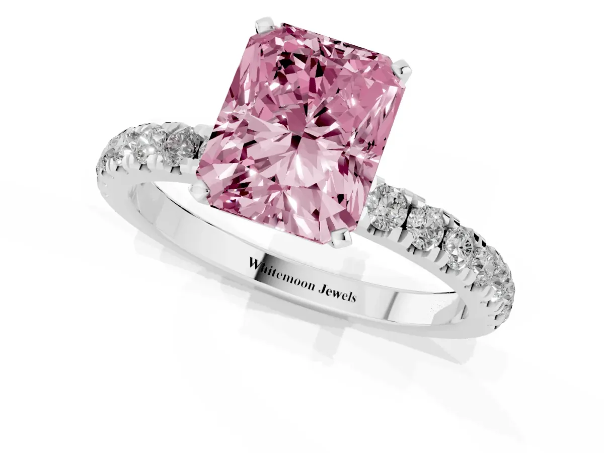 Fancy Pink Radiant Cut Diamond Solitaire Ring with Pavé Accents and Four-Prong Setting Platinum