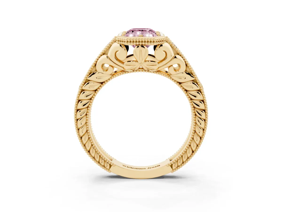 Fancy Pink Bezel Set Emerald Cut Diamond Milgrain Pave Engagement Ring Yellow gold