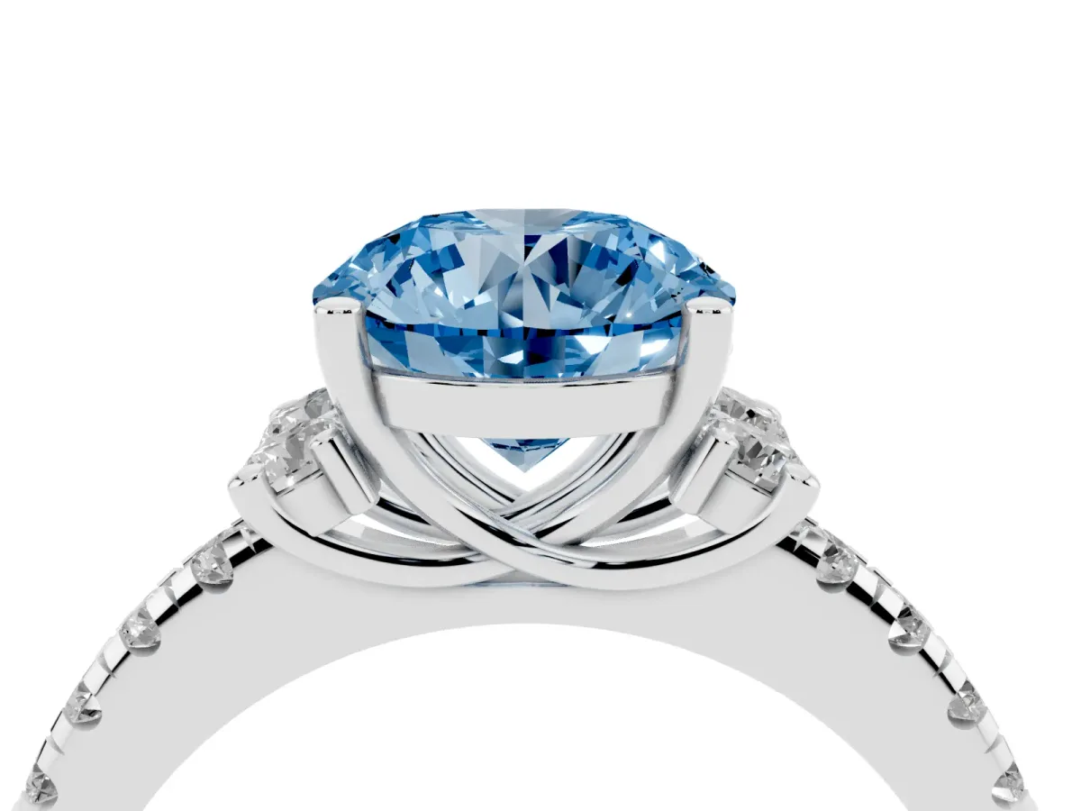 Fancy Blue Round Cut Diamond Three-Stone Pave Band with Four-Prong Setting Platinum