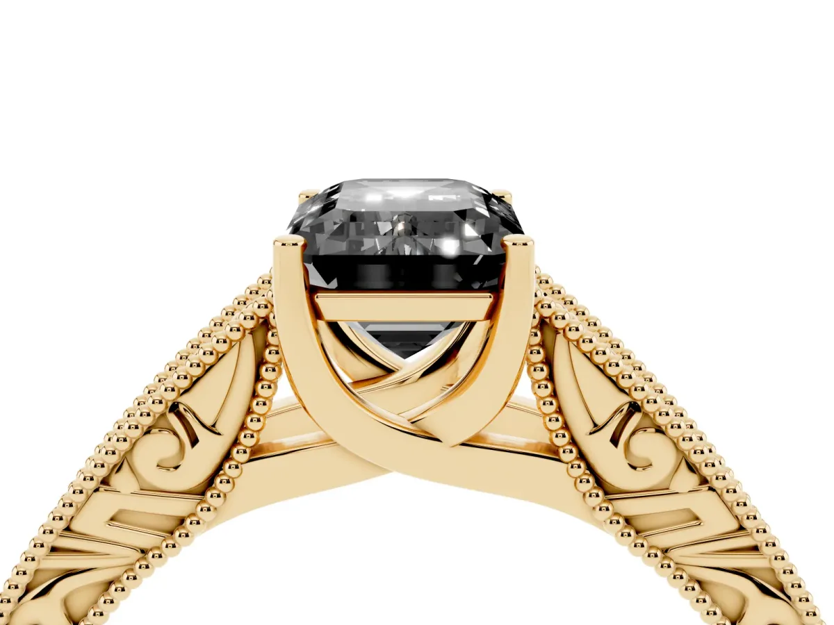 Fancy Black Emerald Cut Diamond Solitaire Ring with Engraved Band and Four-Prong Setting Yellow gold