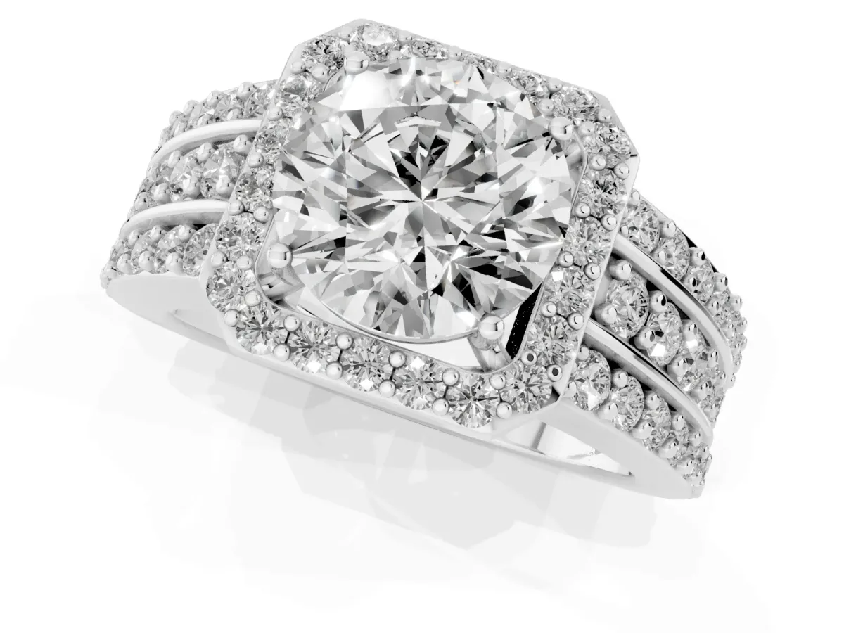 Round Cut Halo Diamond Ring with Round Split Shank and Prong Setting Silver