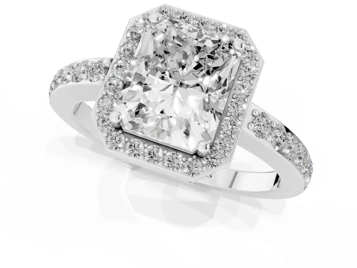 Radiant Cut Halo Diamond Pavé Band Ring with Prong Setting Platinum
