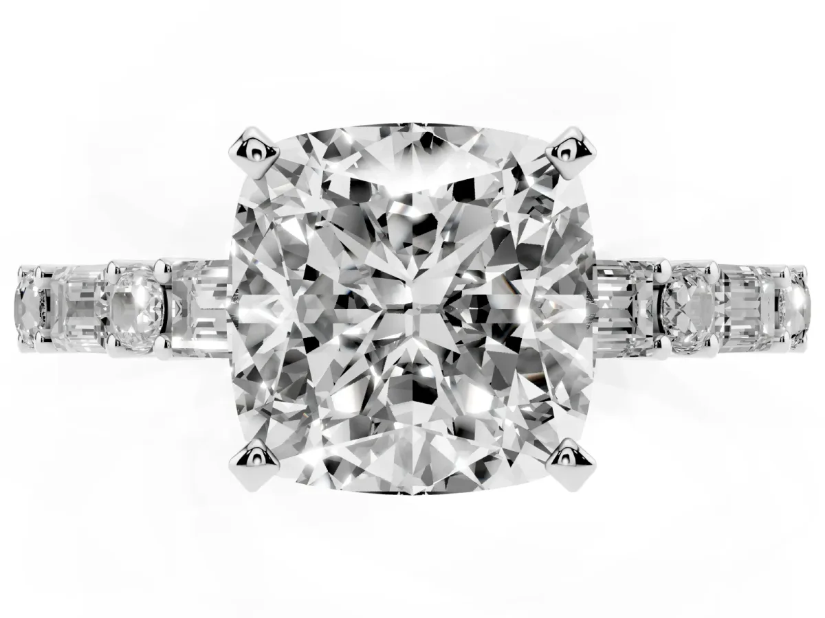 Cushion Cut Diamond Solitaire with Side Baguettes and Channel Set Band Platinum