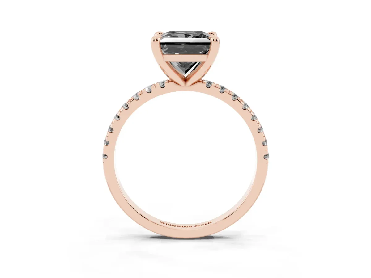 Fancy Black Princess Cut Diamond Brilliant Solitaire Ring with Pavé Band and Four-Prong Setting Rose gold