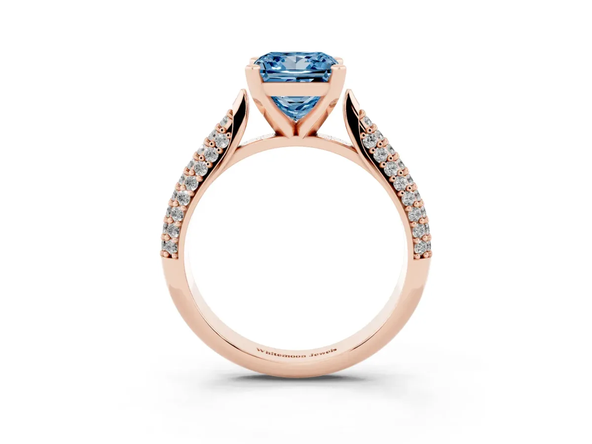 Fancy Blue Princess Cut Diamond Solitaire Engagement Ring with Multi-Row Round Pavé Band and Prong Setting Rose gold