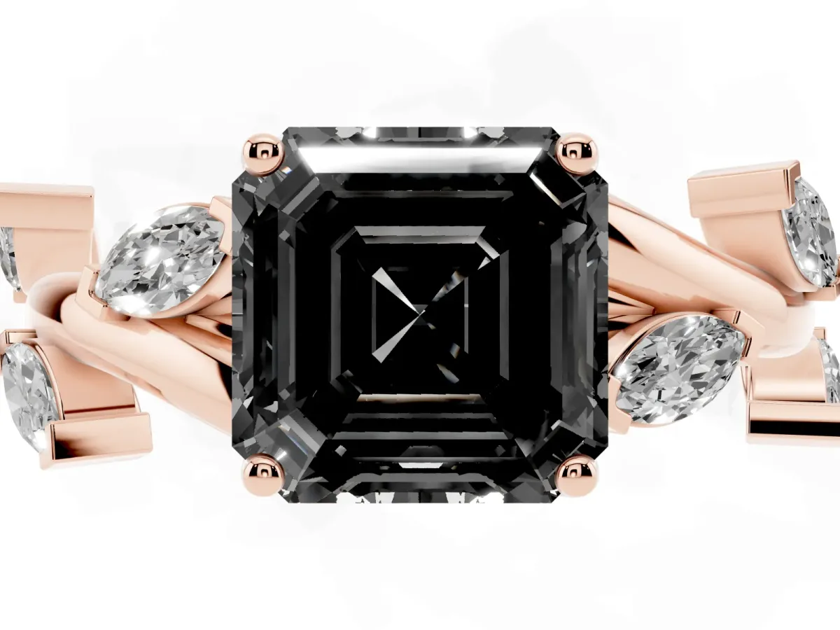 Fancy Black Asscher Cut Solitaire Twisted Band Marquise Accent Prong Setting Ring Rose gold