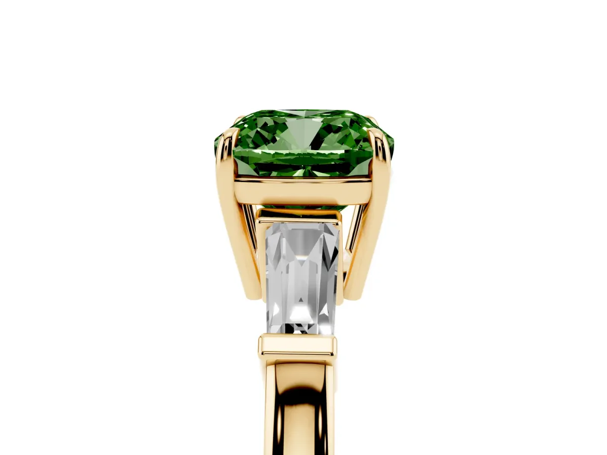 Fancy Green Cushion Cut Diamond Three-Stone Ring with Tapered Baguette Side Stones and Prong Setting Yellow gold