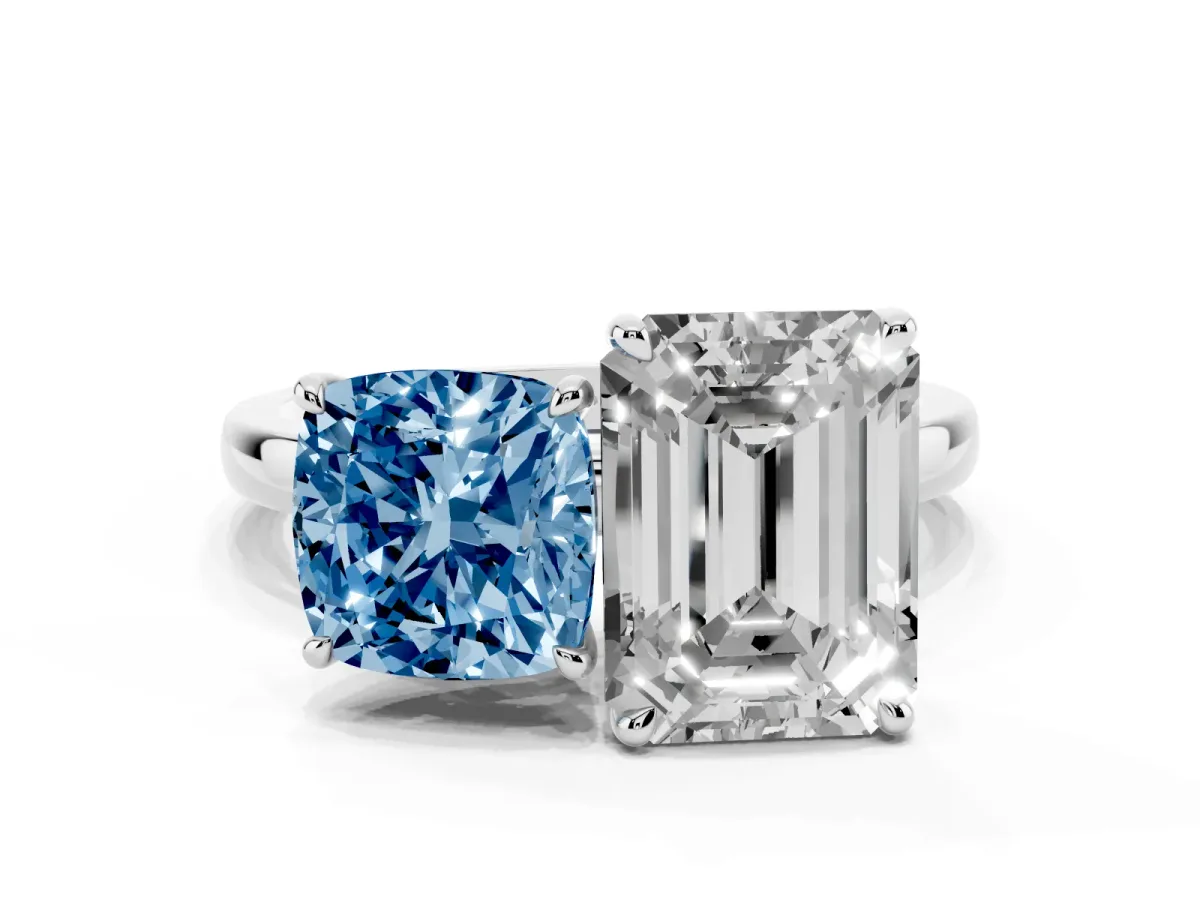 Fancy Blue Cushion Cut and Emerald Cut Toi Moi Ring with Prong Setting Platinum