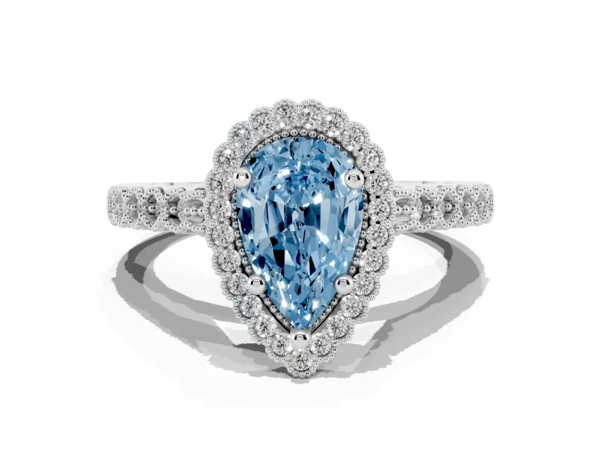 Fancy Blue Pear Cut Cut Halo Pavé Solitaire Ring with Milgrain Band Silver