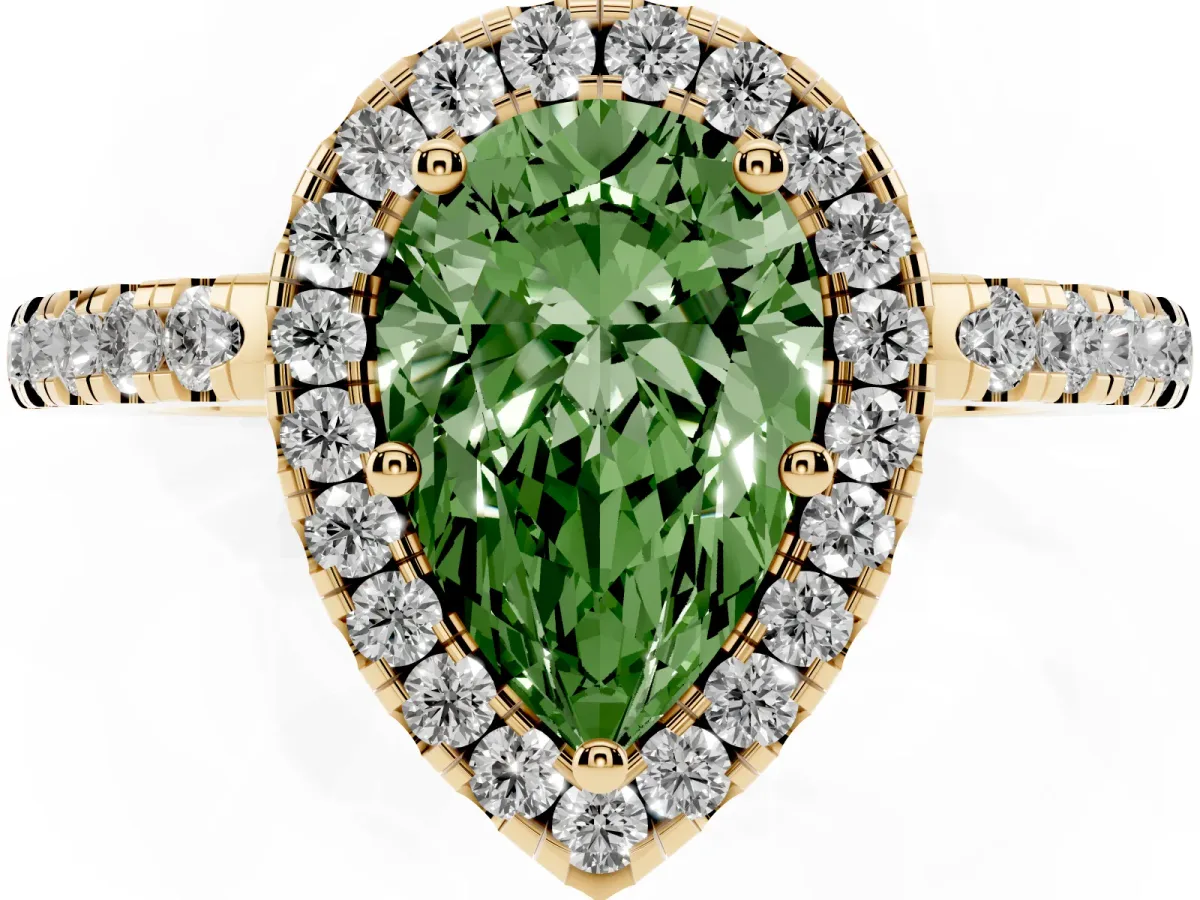 Fancy Green Pear Cut Halo Diamond Engagement Ring with Pavé Band and Four-Prong Setting Yellow gold