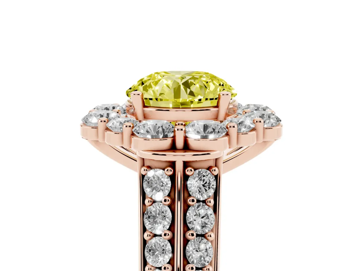 Fancy Yellow Round Cut Halo Diamond Engagement Ring with Split Shank and Prong Setting Rose gold