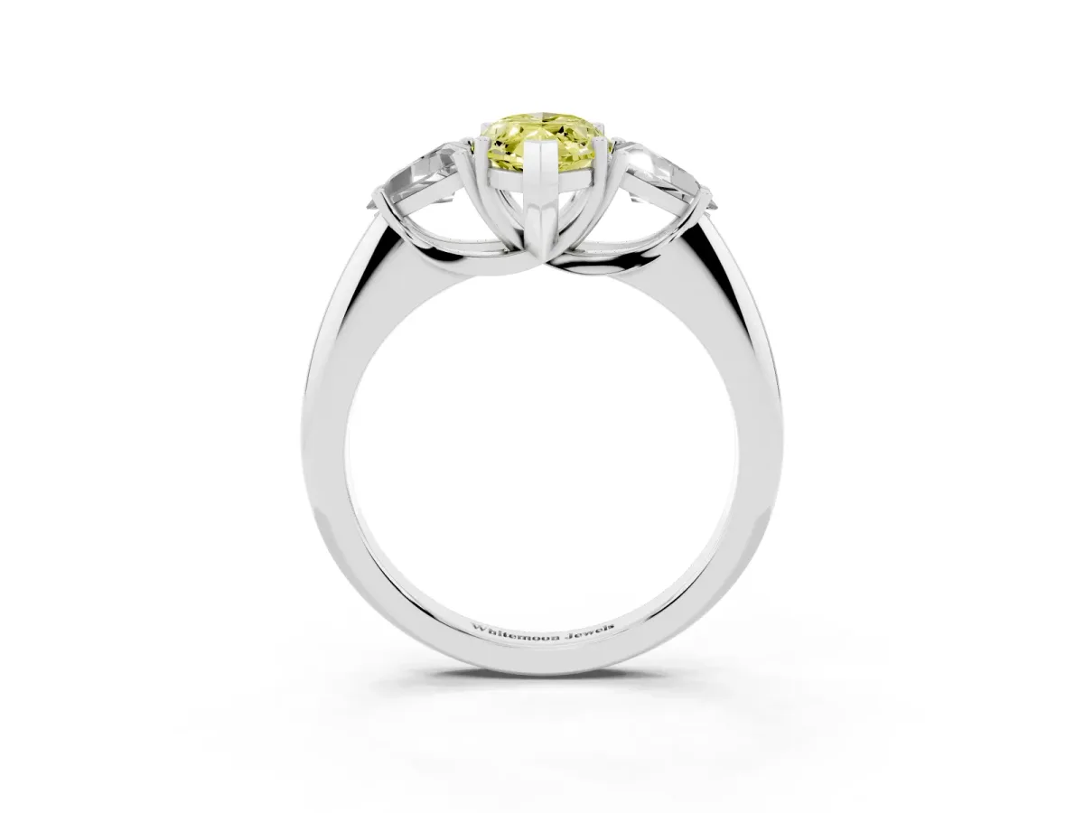 Fancy Yellow Three-Stone Marquise Cut Diamond Engagement Ring with Trillion Side Stones and Prong Setting White gold