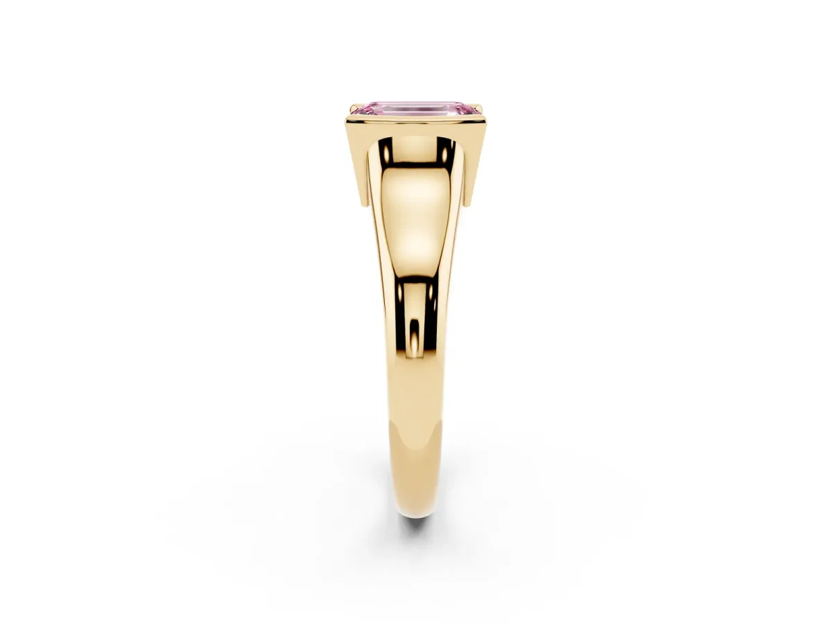 Fancy Pink Emerald Cut Solitaire Tension Set Diamond Ring with Split Shank Band Yellow gold