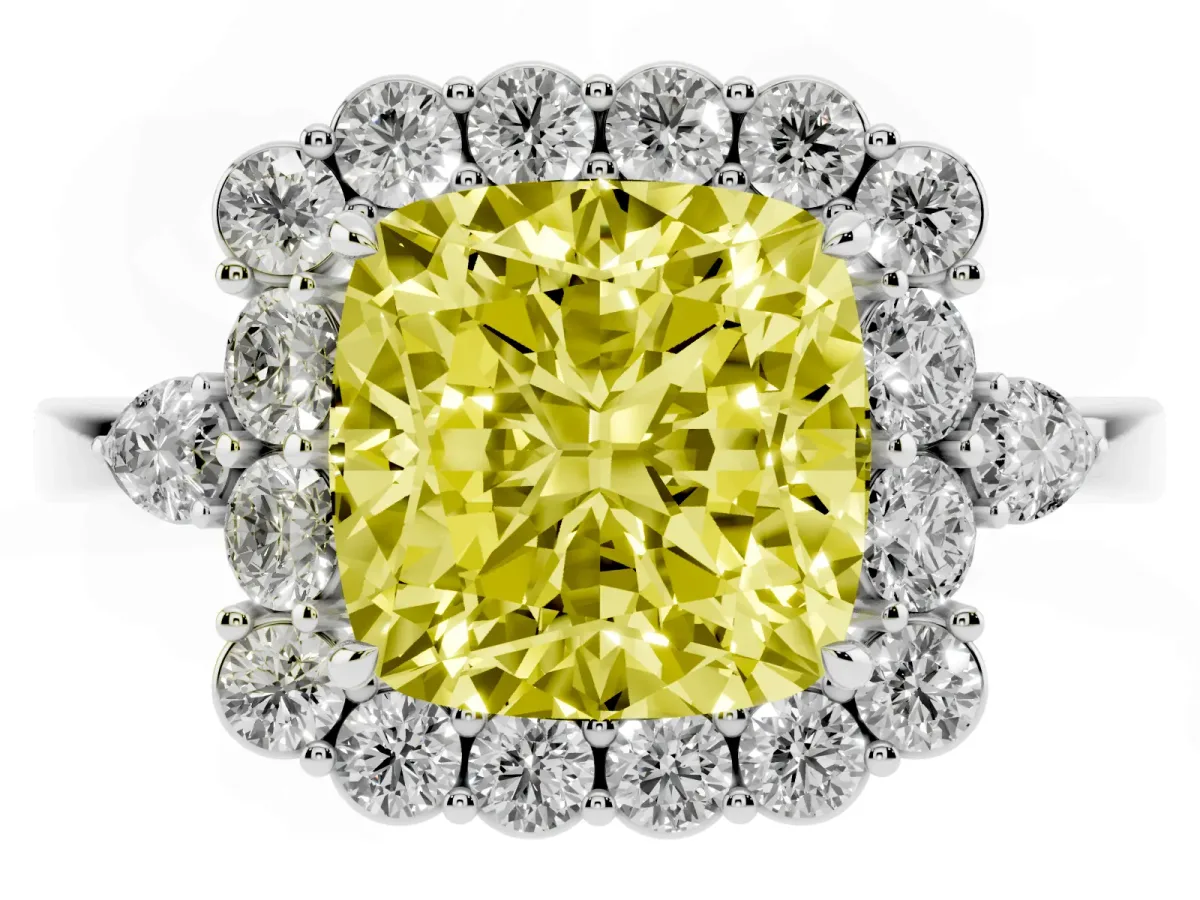 Fancy Yellow Cushion Cut Diamond Halo Ring with Pear Side Stones and Prong Setting Silver