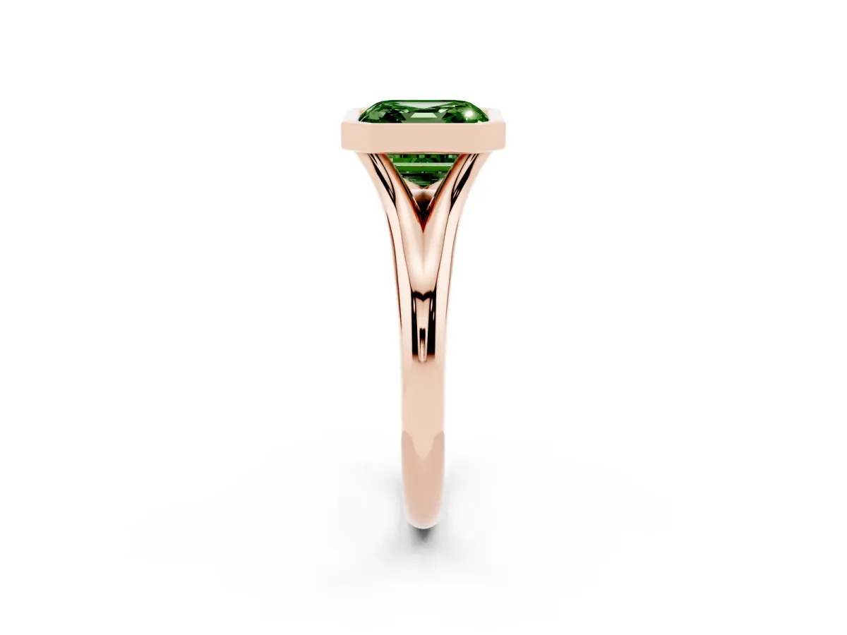 Fancy Green Bezel Set Asscher Cut Solitaire Diamond Ring with Smooth Band Rose gold