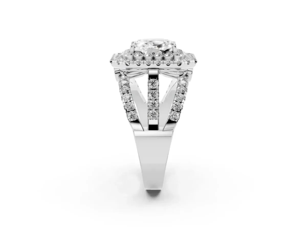 Emerald Cut Diamond Double Halo Ring with Round Pavé Split Shank and Prong Setting Platinum