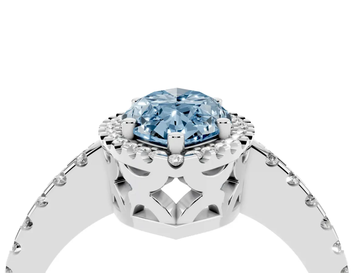 Fancy Blue Marquise Cut Diamond Halo Engagement Ring with Pavé Band and Prong Setting Platinum