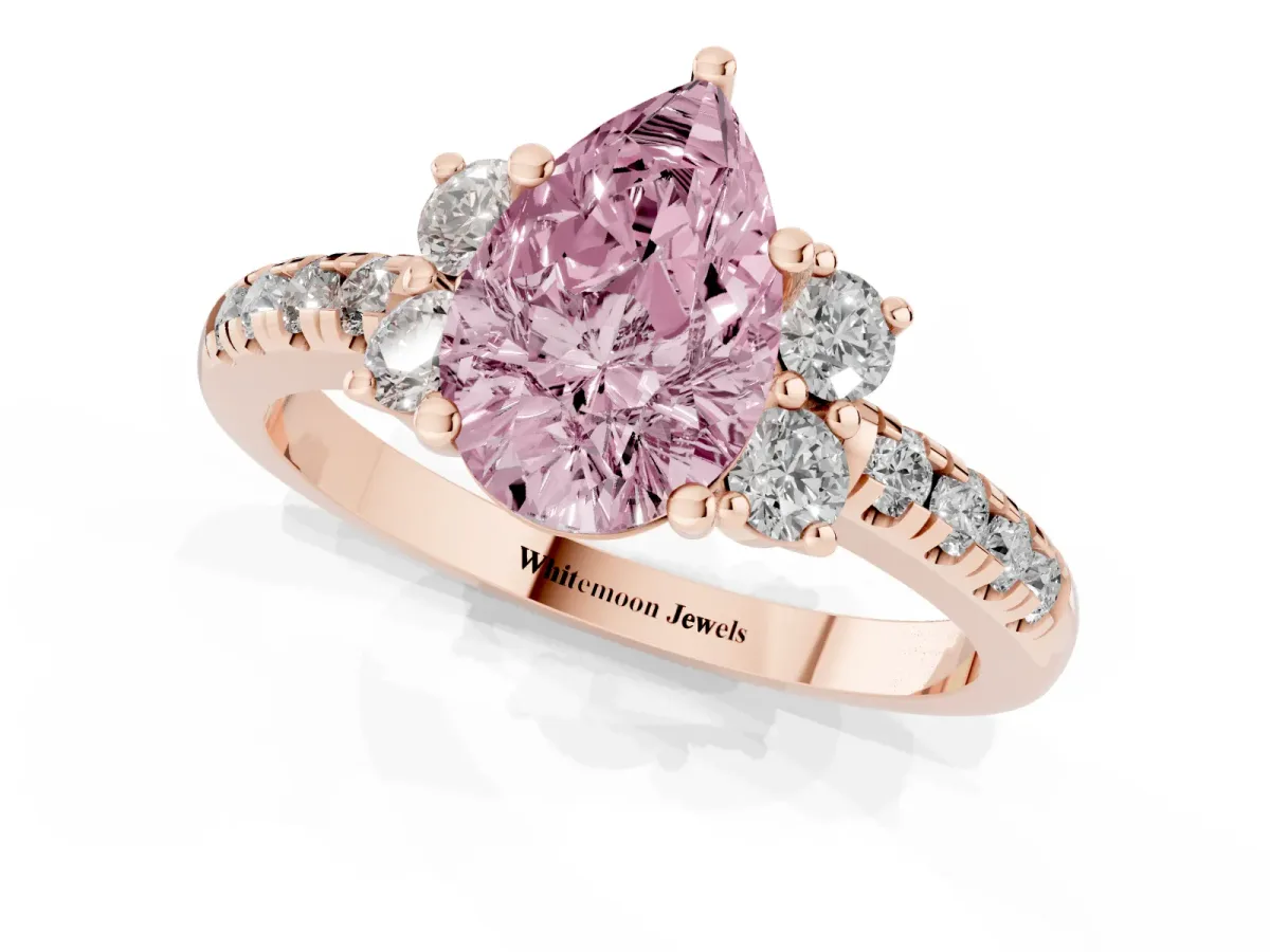 Fancy Pink Pear Cut Diamond Three-Stone Pave Band with Four-Prong Setting Rose gold