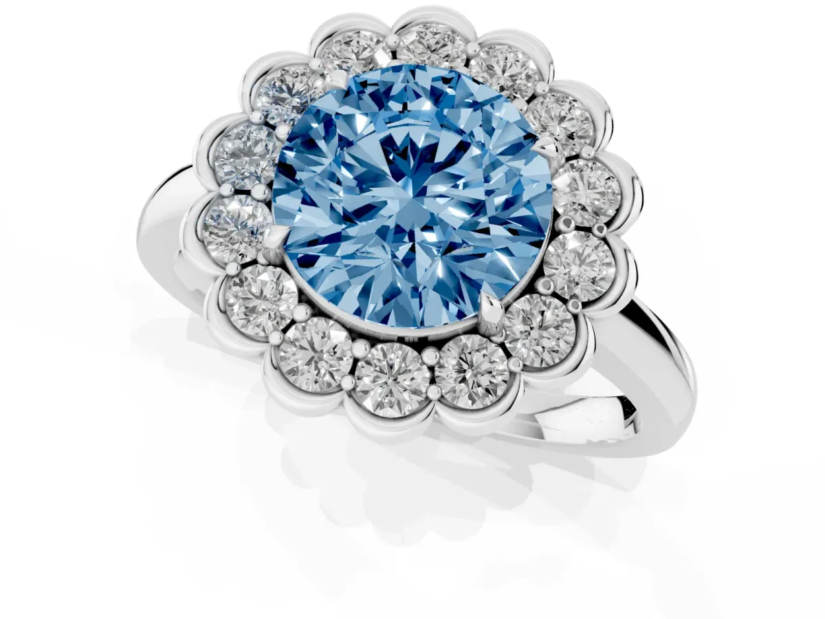 Fancy Blue Round Cut Halo Cluster Diamond Engagement Ring with Solitaire Band and Prong Setting Platinum