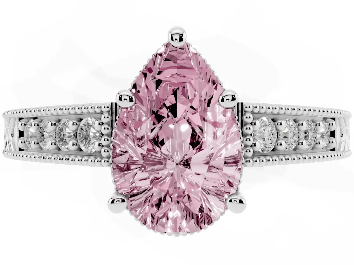 Fancy Pink Pear Cut Solitaire Pavé Diamond Milgrain Engagement Ring with Four-Prong Setting Silver