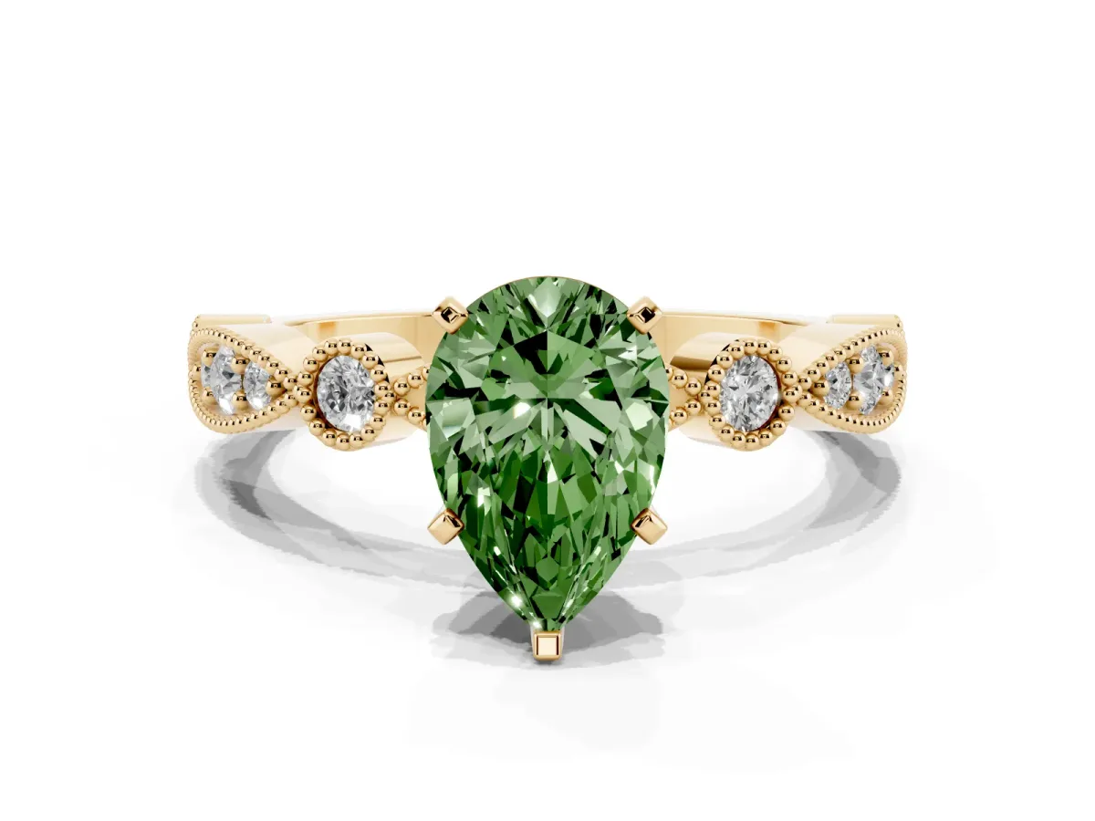 Fancy Green Pear Cut Milgrain Bezel Diamond Engagement Ring with Solitaire Prong Setting Yellow gold