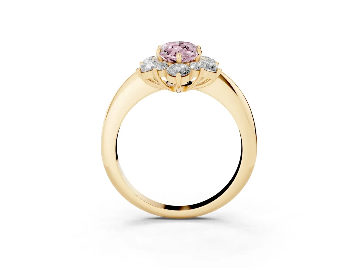Fancy Pink Marquise Cut Diamond Cluster Halo Ring with Solitaire Band and Four-Prong Setting Yellow gold