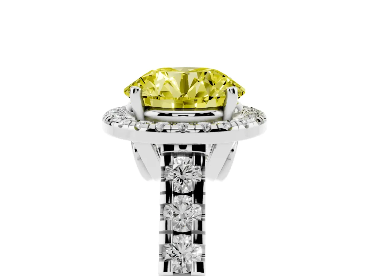 Fancy Yellow Round Cut Halo Pavé Diamond Engagement Ring with Four-Prong Setting Silver