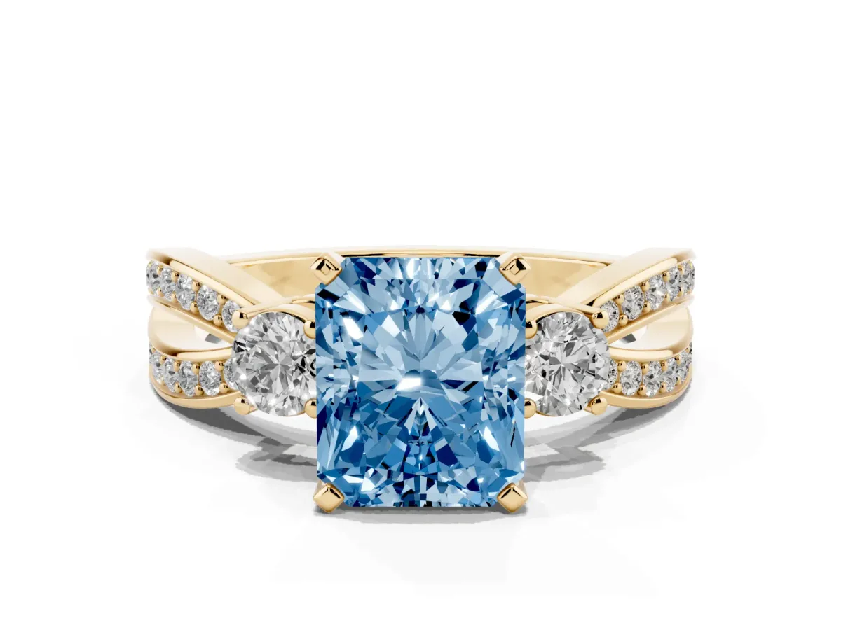 Fancy Blue Three-Stone Radiant Cut Cut Diamond Twist Band with Prong Setting Yellow gold
