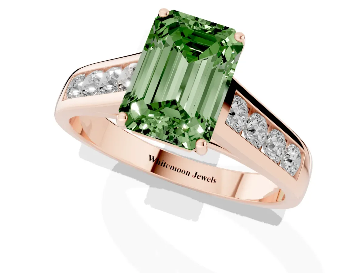 Fancy Green Emerald Cut Solitaire Channel-Set Diamond Engagement Ring with Four-Prong Setting Rose gold