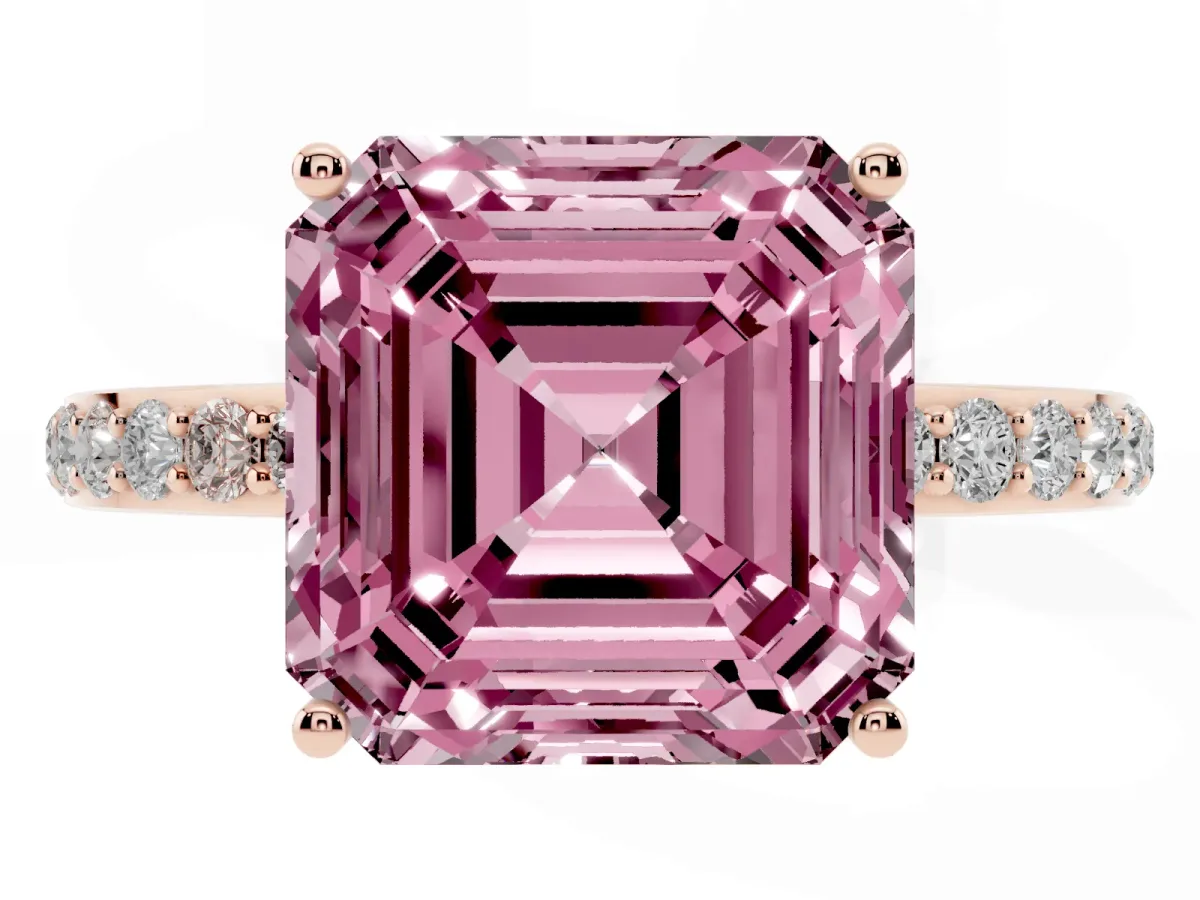 Fancy Pink Asscher Cut Diamond Solitaire Ring with Pavé Band and Hidden Halo Rose gold