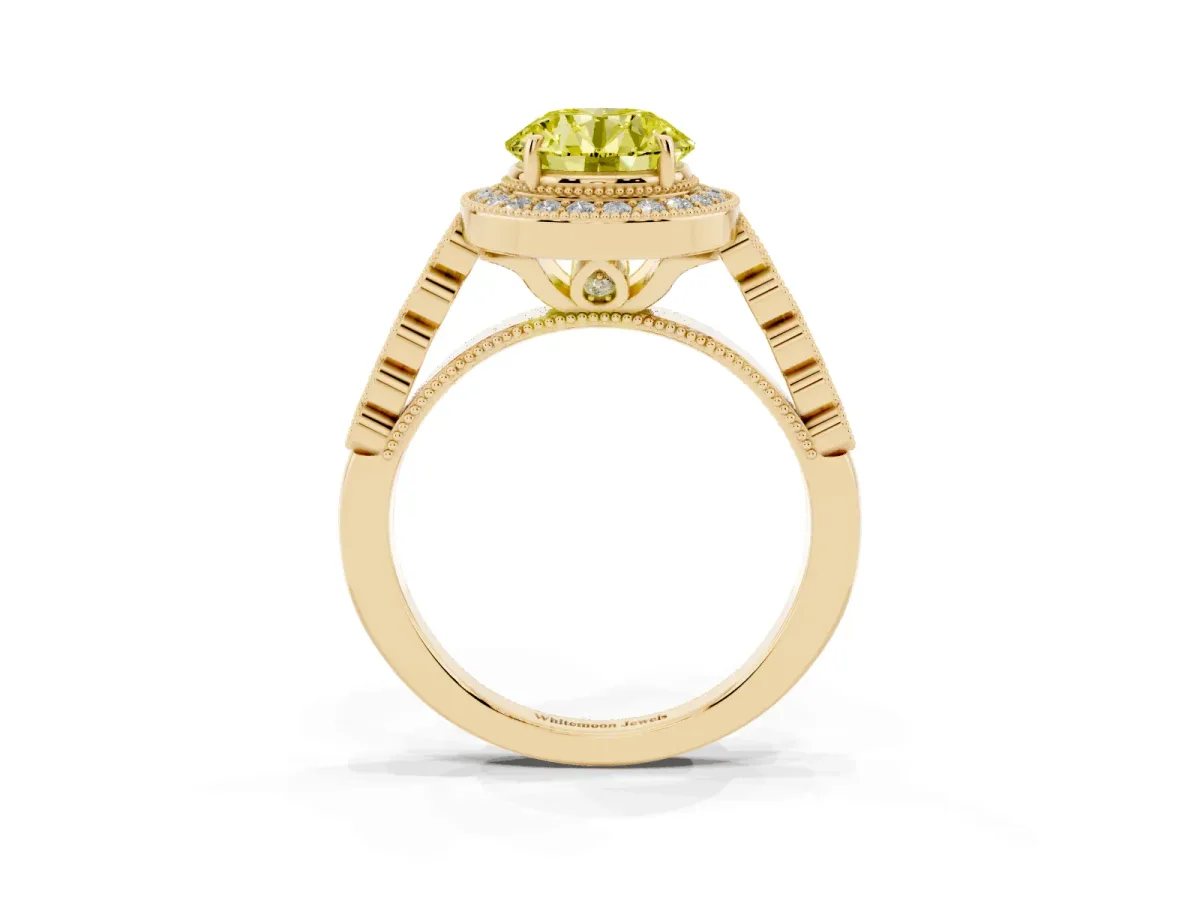 Fancy Yellow Round Cut Halo Milgrain Solitaire with Bezel Set Side Stones and Pave Band Yellow gold