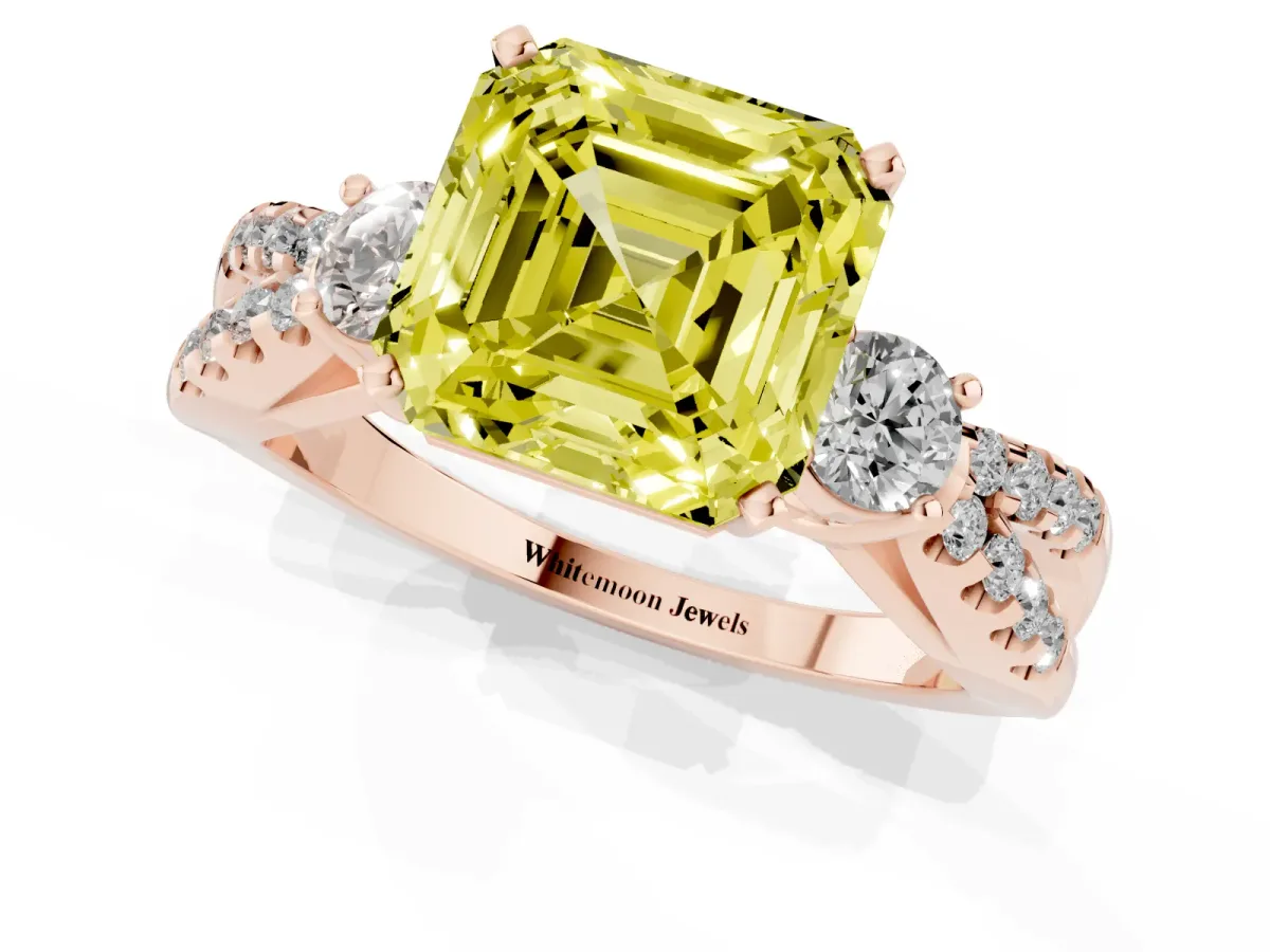 Fancy Yellow Asscher Cut Diamond Three-Stone Ring with Pavé Split Shank and Four-Prong Setting Rose gold