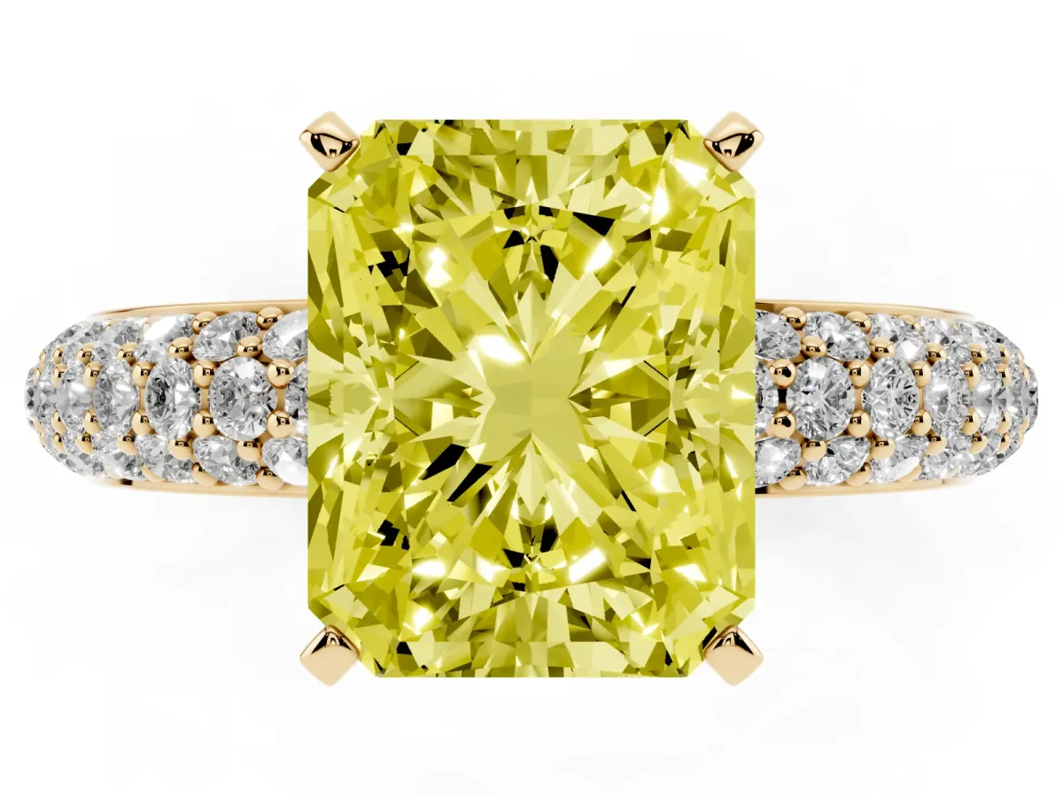Fancy Yellow Radiant Cut Diamond Solitaire Ring with Prong Setting and Pavé Band Yellow gold