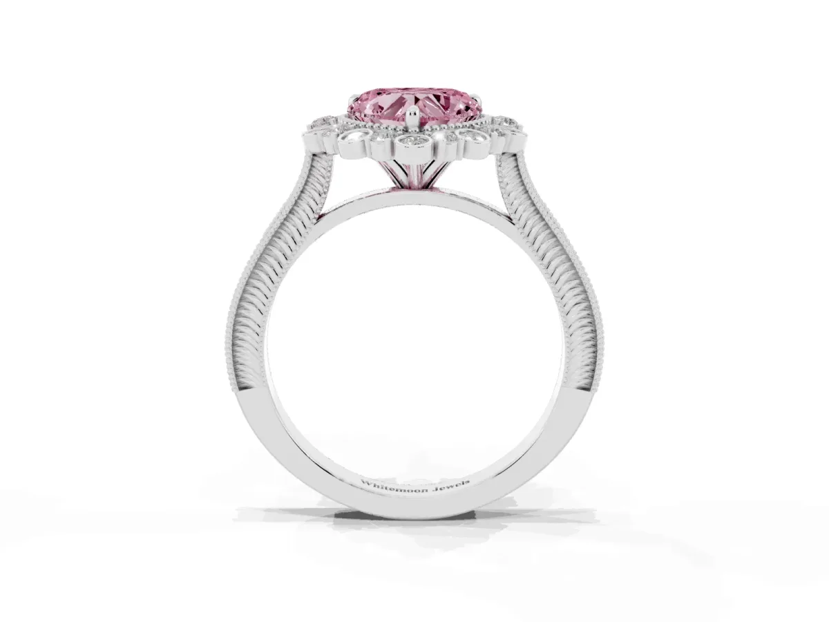 Fancy Pink Heart Cut Halo Milgrain Pave Diamond Ring with Four-Prong Setting White gold
