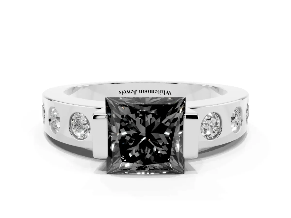 Fancy Black Princess Cut Brilliant Channel-Set Diamond Ring with Bezel Prong Setting Silver