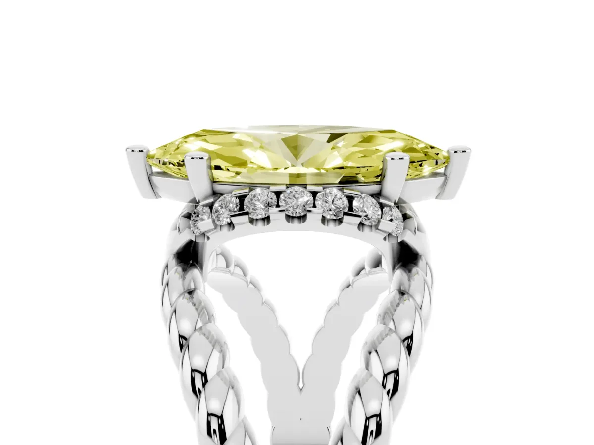 Fancy Yellow Marquise Cut Halo Twisted Band Four-Prong Ring Platinum