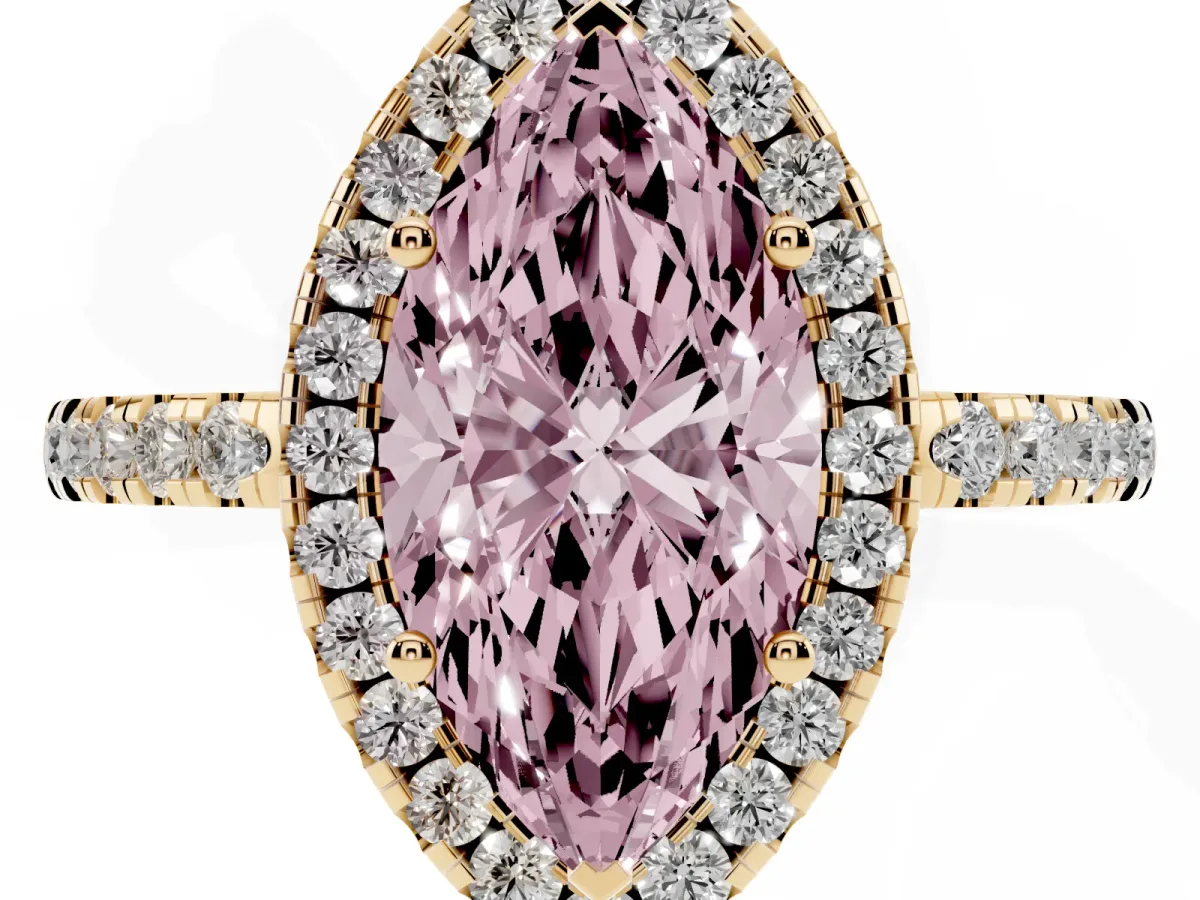 Fancy Pink Marquise Cut Halo Diamond Engagement Ring with Pavé Band and Four-Prong Setting Yellow gold
