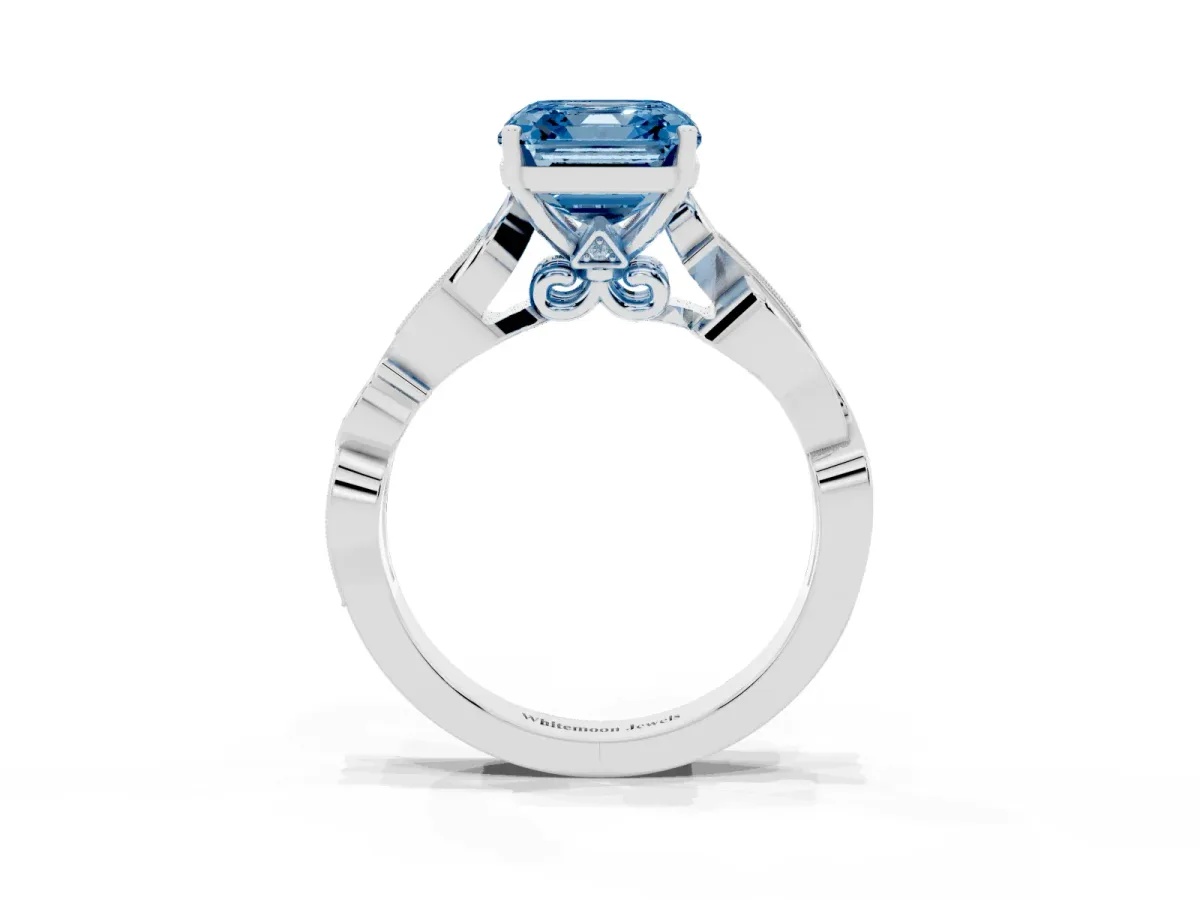 Fancy Blue Asscher Cut Solitaire Vine Band with Milgrain Prong Setting Silver