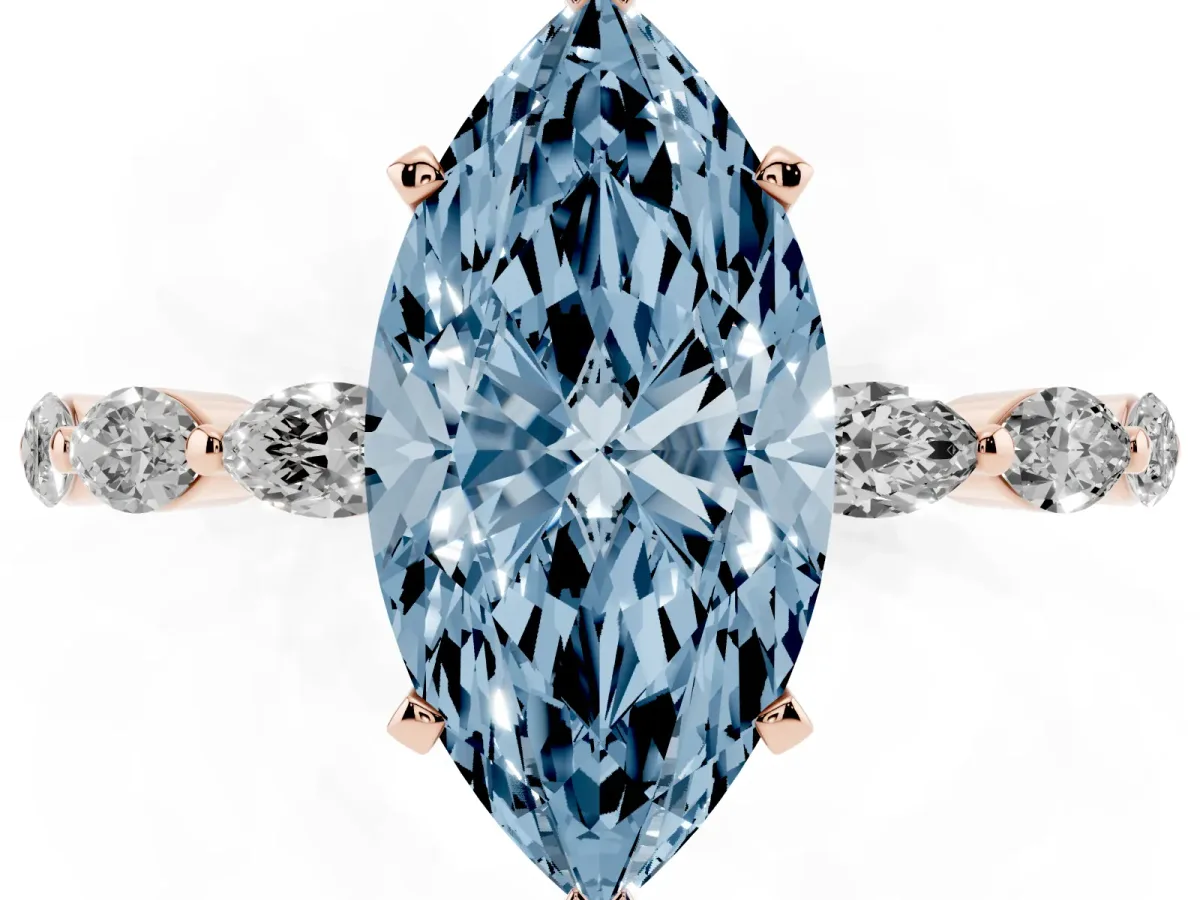 Fancy Blue Marquise Cut Diamond Ring with Marquise Side Stones and Prong Setting Rose gold