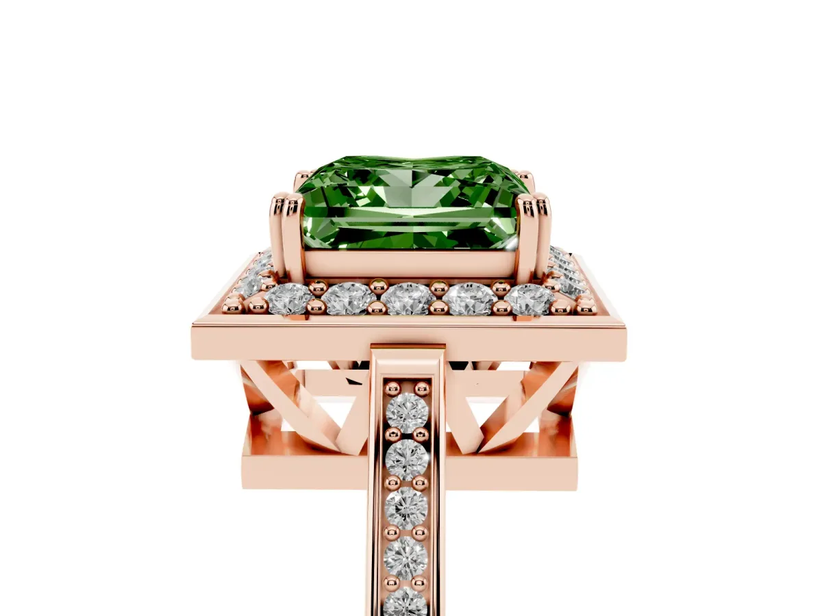 Fancy Green Princess Cut Diamond Halo Ring with Split Shank and Four-Prong Setting Rose gold