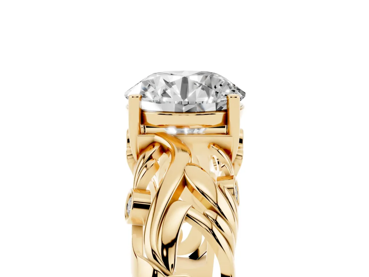 Round Cut Solitaire Diamond Leaf-Inspired Vine Band Ring with Prong Setting Yellow gold