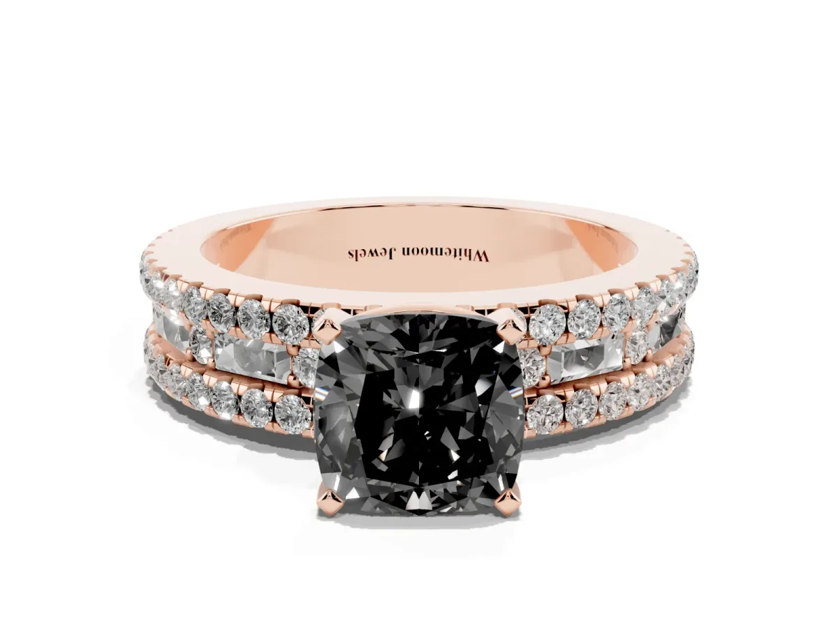 Fancy Black Cushion Cut Diamond Solitaire Ring with Pavé and Channel Set Band Rose gold