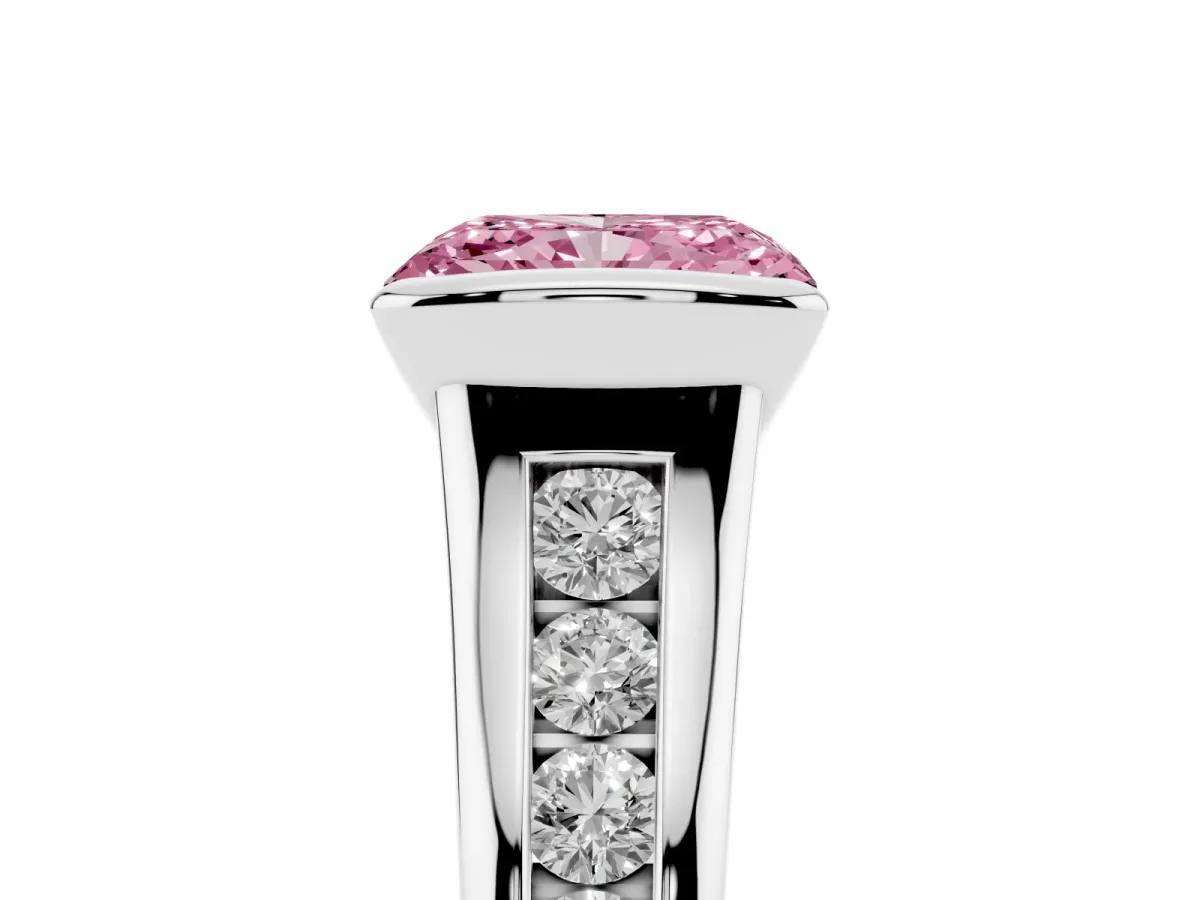 Fancy Pink Radiant Cut Solitaire Bezel-Set Diamond Ring with Channel-Set Band Silver
