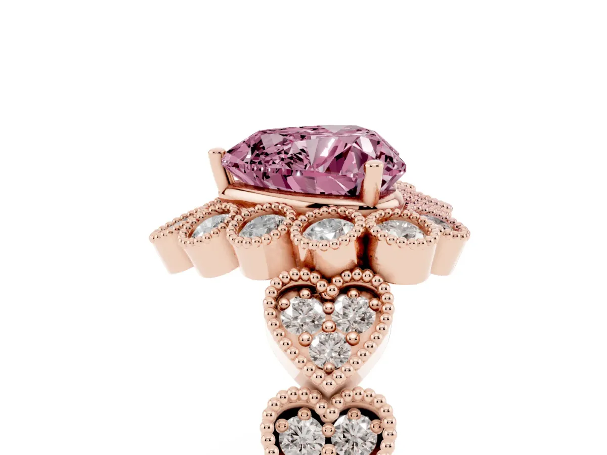 Fancy Pink Heart Cut Brilliant Milgrain Pave Heart Band Solitaire Ring Rose gold