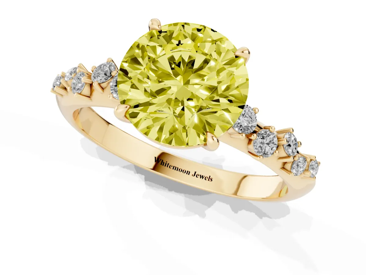 Fancy Yellow Round Cut Diamond Cluster Side Stone Solitaire Ring with Prong Setting Yellow gold