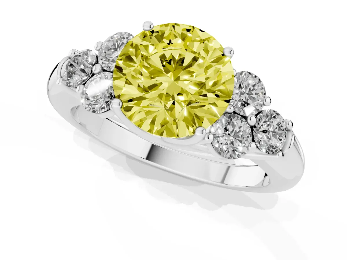 Fancy Yellow Round Cut Cut Diamond Cluster Ring with Round Accent Stones and Prong Setting on a Classic Band Platinum