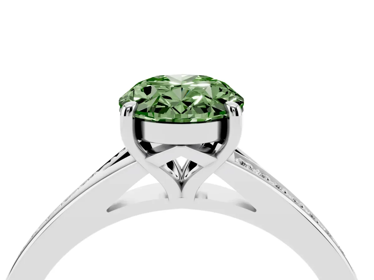 Fancy Green Oval Cut Diamond Solitaire Ring with Pavé Band and Prong Setting Silver