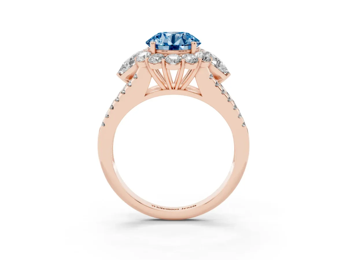 Fancy Blue Round Cut Halo Split Shank Diamond Engagement Ring with Prong Setting Rose gold